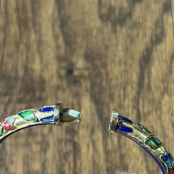 Vintage Cloisonné Blue Gold Floral Motif Enamel Hinged Bangle Bracelet - Picture 15 of 16